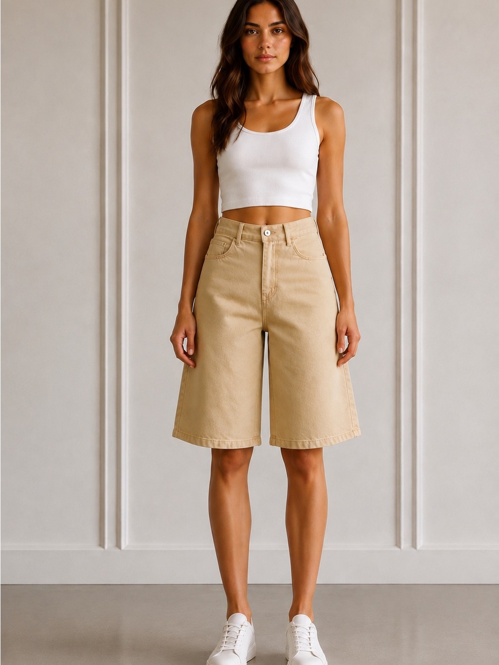 Vintage Beige High-Waist Bermuda Shorts
